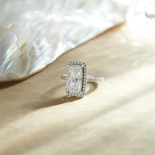 Long Cushion Cut Halo Diamond Ring