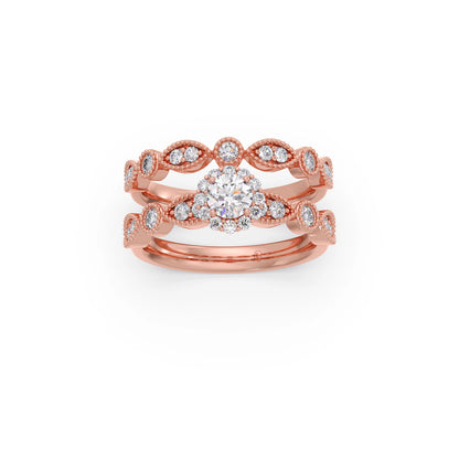 Round Solitaire with Floral Diamond Accent Stackable Ring Set