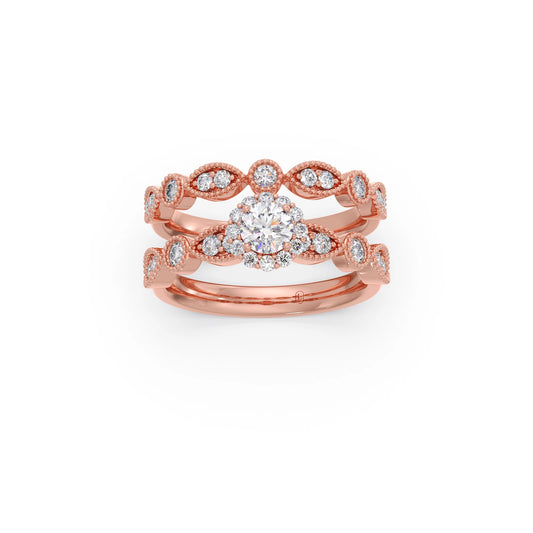 Round Solitaire with Floral Diamond Accent Stackable Ring Set