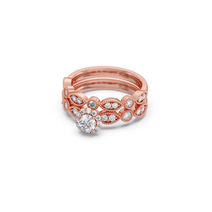 Round Solitaire with Floral Diamond Accent Stackable Ring Set