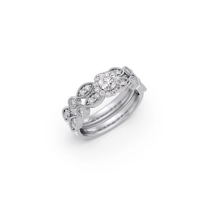 Round Solitaire with Floral Diamond Accent Stackable Ring Set