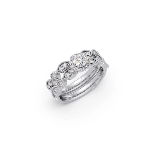 Round Solitaire with Floral Diamond Accent Stackable Ring Set
