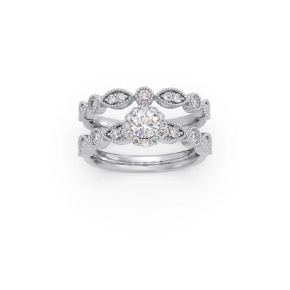 Round Solitaire with Floral Diamond Accent Stackable Ring Set