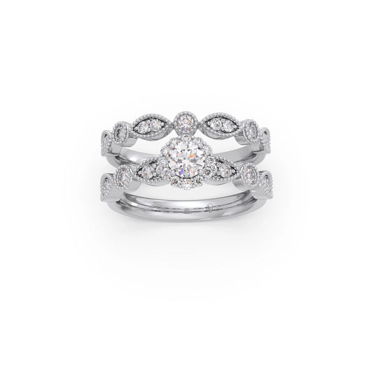 Round Solitaire with Floral Diamond Accent Stackable Ring Set