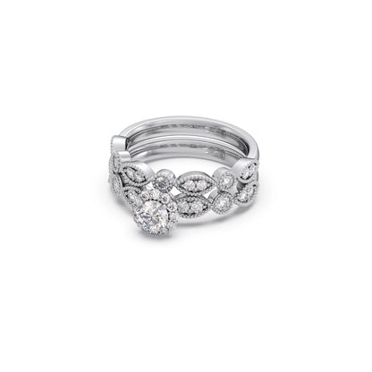 Round Solitaire with Floral Diamond Accent Stackable Ring Set