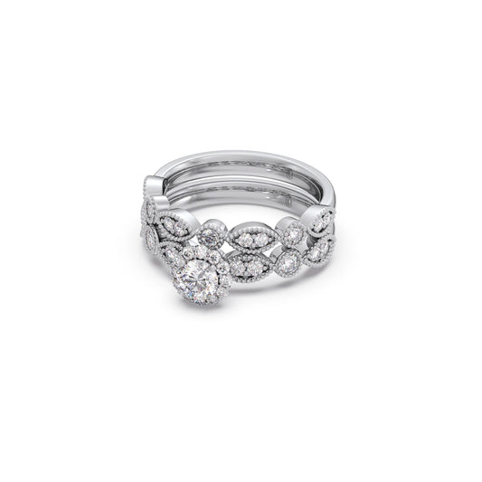 Round Solitaire with Floral Diamond Accent Stackable Ring Set
