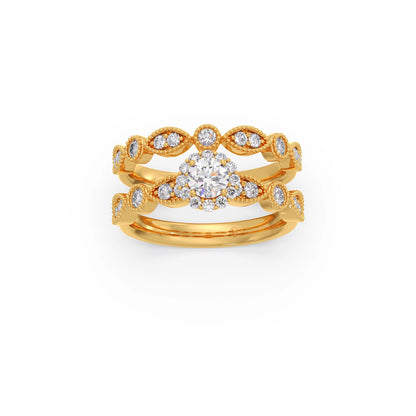 Round Solitaire with Floral Diamond Accent Stackable Ring Set