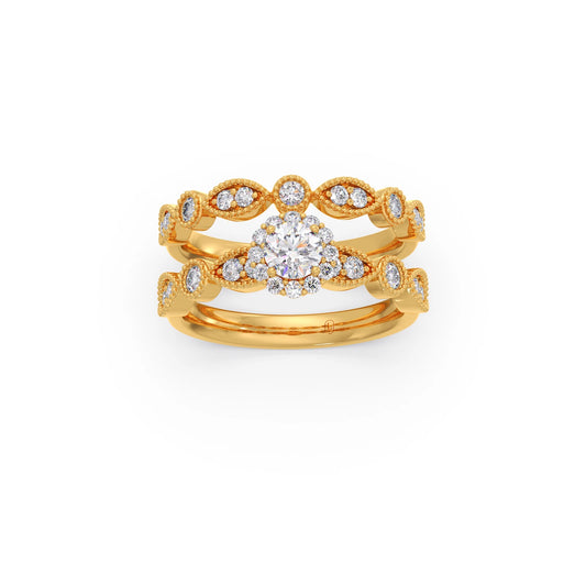 Round Solitaire with Floral Diamond Accent Stackable Ring Set