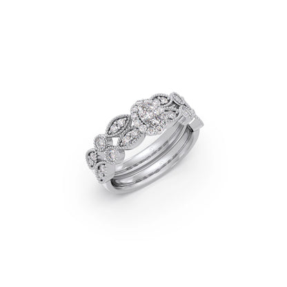 Oval Solitaire with Round Diamond Leaf Accents Stackable Ring
