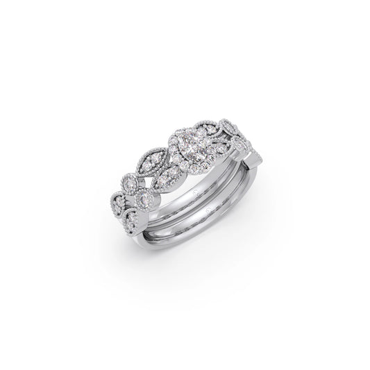 Oval Solitaire with Round Diamond Leaf Accents Stackable Ring