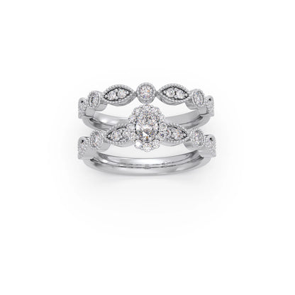 Oval Solitaire with Round Diamond Leaf Accents Stackable Ring