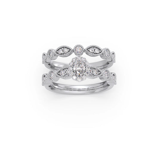 Oval Solitaire with Round Diamond Leaf Accents Stackable Ring