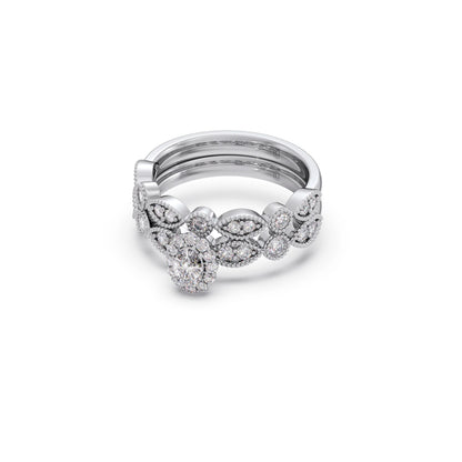 Oval Solitaire with Round Diamond Leaf Accents Stackable Ring