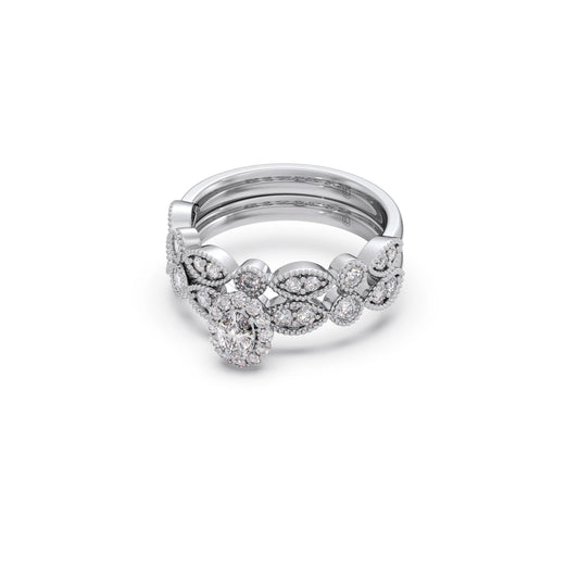Oval Solitaire with Round Diamond Leaf Accents Stackable Ring