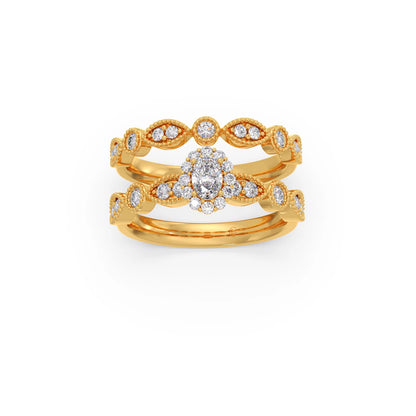 Oval Solitaire with Round Diamond Leaf Accents Stackable Ring
