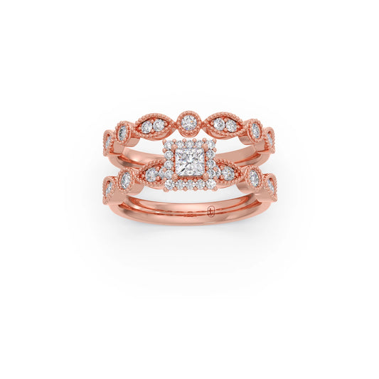 Princess Solitaire with Round Diamond Cluster Stackable Ring