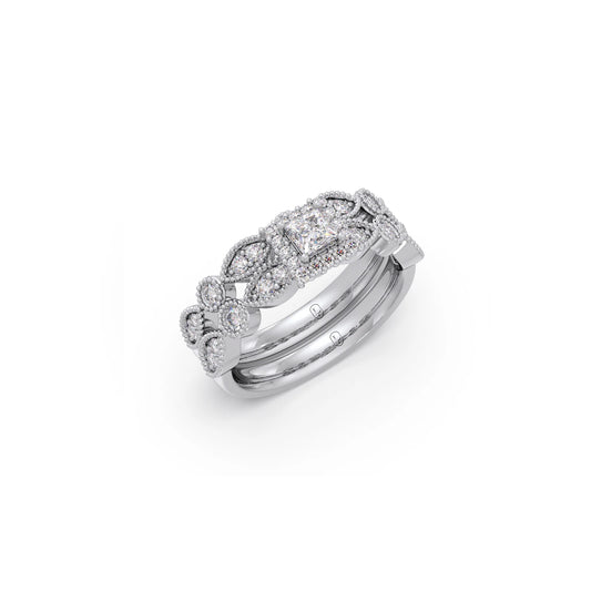 Princess Solitaire with Round Diamond Cluster Stackable Ring
