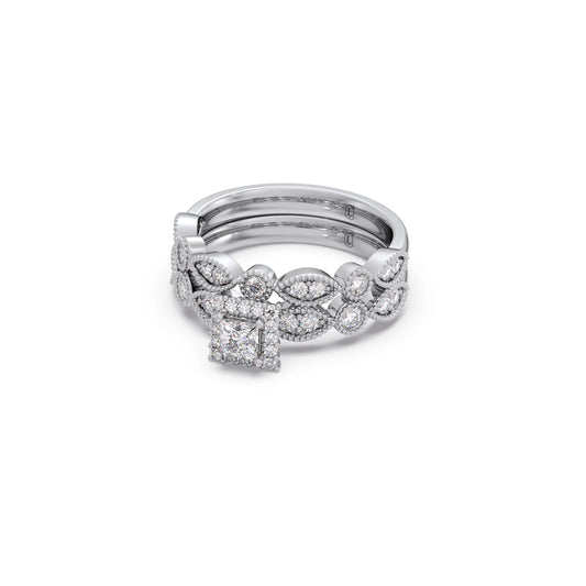 Princess Solitaire with Round Diamond Cluster Stackable Ring