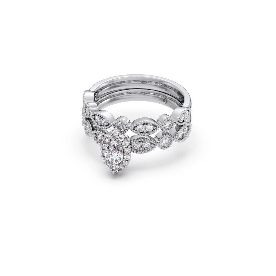Marquise Solitaire with Round Diamond Petal Accents Stackable Ring