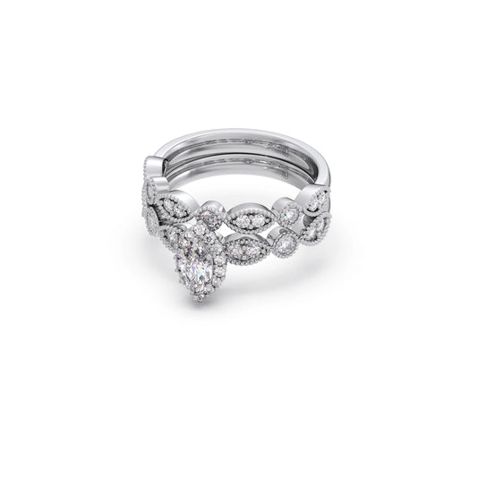 Marquise Solitaire with Round Diamond Petal Accents Stackable Ring