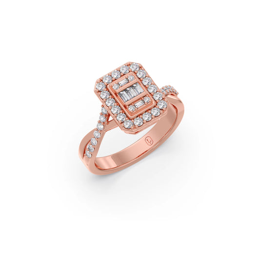 Round and Baguette Diamond Halo Ring