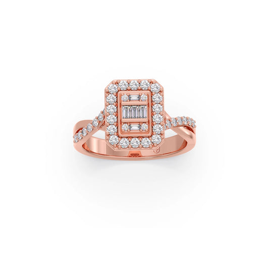 Round and Baguette Diamond Halo Ring