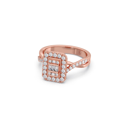 Round and Baguette Diamond Halo Ring