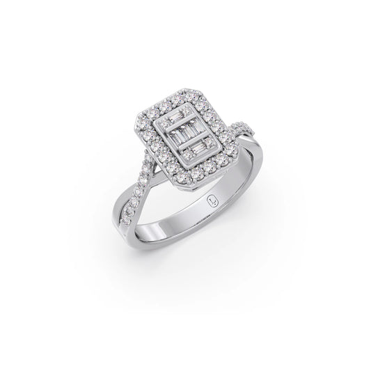 Round and Baguette Diamond Halo Ring