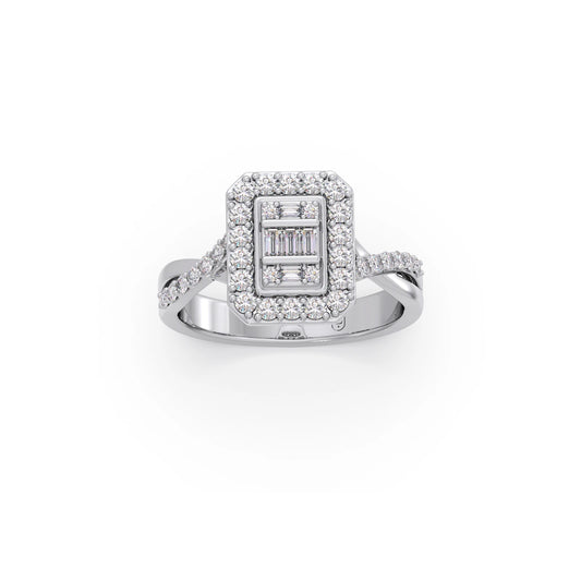 Round and Baguette Diamond Halo Ring