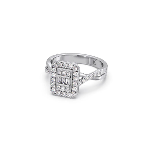 Round and Baguette Diamond Halo Ring