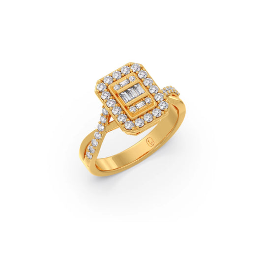 Round and Baguette Diamond Halo Ring