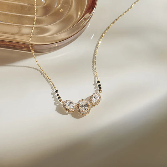 Triple Oval Halo Diamond Mangalsutra Necklace