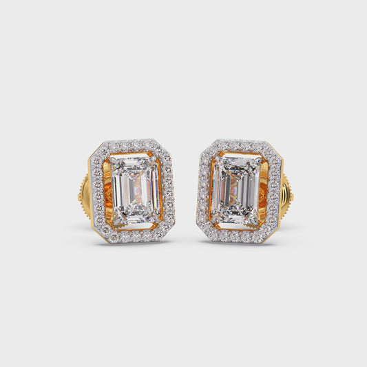 Halo Emerald Cut Diamond Stud Earrings